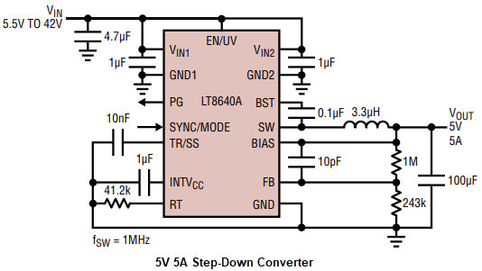 应用电路图 - Analog Devices Inc. LT8640A降压稳压器